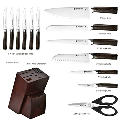 BRODARK Kitchen Knife Set with Block, Upgraded NSF Food Grade 15 PCS German Stainless Steel Professional Chef Knife Set with Knife Sharpener, Ultra Sharp Full Tang Knife Block Set, Best Gift