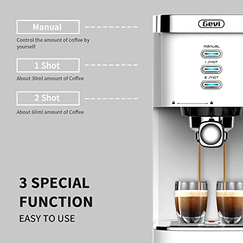 Gevi Espresso Machine 20 Bar Fast Heating Automatic White Espresso Machine with Milk Frother Cappuccino Maker for Espresso, Latte, Macchiato, 1.2L Water Tank, 1350W, White