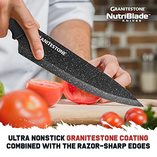 Granitestone Nutriblade 6 PC Knife Set, Professional Kitchen Chef’s Knives with Ultra Sharp Stainless Steel Blades and Nonstick Granite Coating, Easy-Grip Handle, Rust-proof, Dishwasher-safe, Black