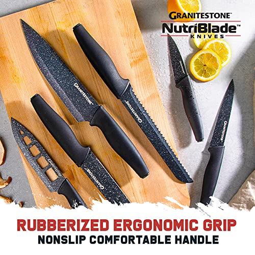 Granitestone Nutriblade 6 PC Knife Set, Professional Kitchen Chef’s Knives with Ultra Sharp Stainless Steel Blades and Nonstick Granite Coating, Easy-Grip Handle, Rust-proof, Dishwasher-safe, Black